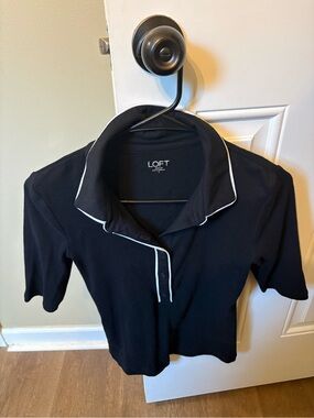 LOFT Black Short Sleeve Button-Down Polo with White Trim